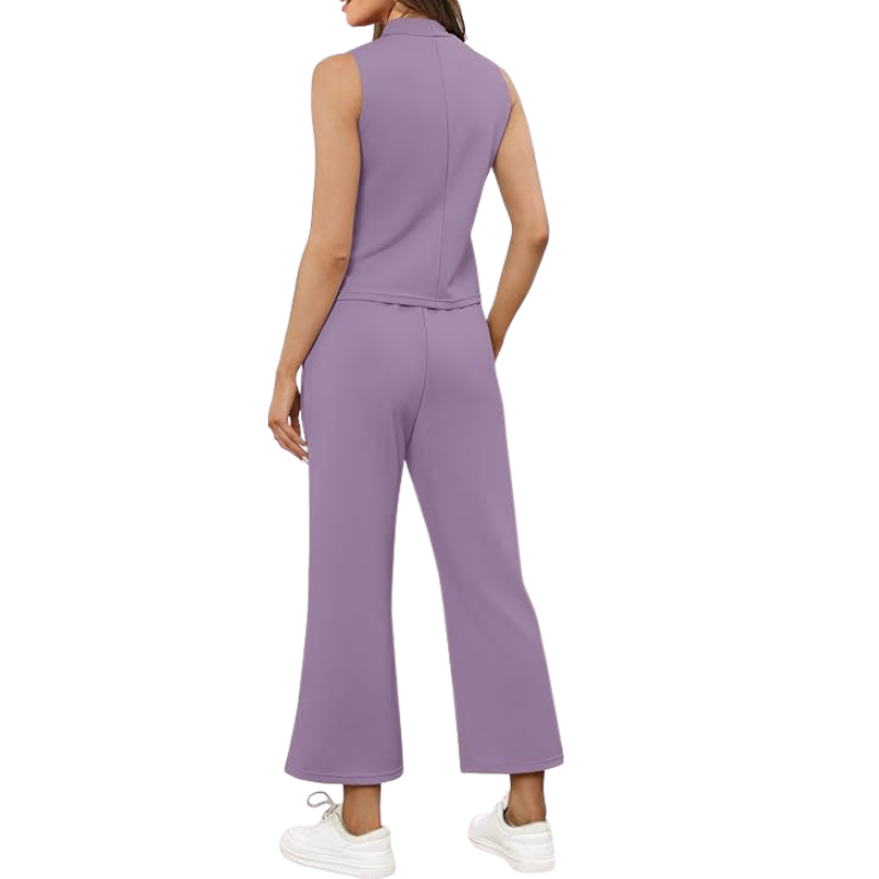 Two Piece Matching Lounge Outfits With Sleeveless Top And Wide Crop Pants For Women - Image 18