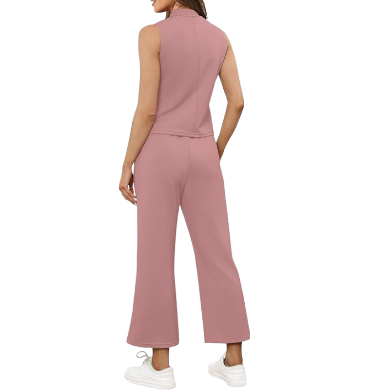 Two Piece Matching Lounge Outfits With Sleeveless Top And Wide Crop Pants For Women - Image 20