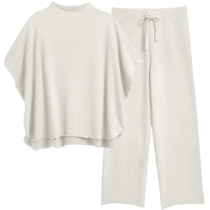 Two Piece Lounge Set With Batwing Sleeve Capelet Pullover Top And Wide Pants For Women