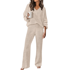 Ribbed Knit Lounge Set With Sweater Top And Loose Fit Pants For Women