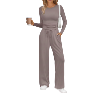 Two Piece Lounge Set With Long Sleeve Top And Drawstring Pants For Women