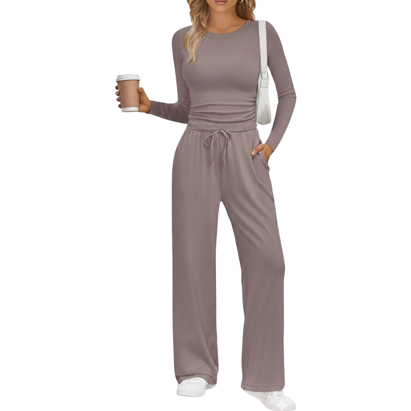 Two Piece Lounge Set With Long Sleeve Top And Drawstring Pants For Women