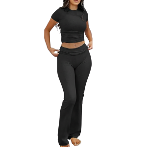 Two Piece Lounge Set With Crop Top And Flare Leggings For Women