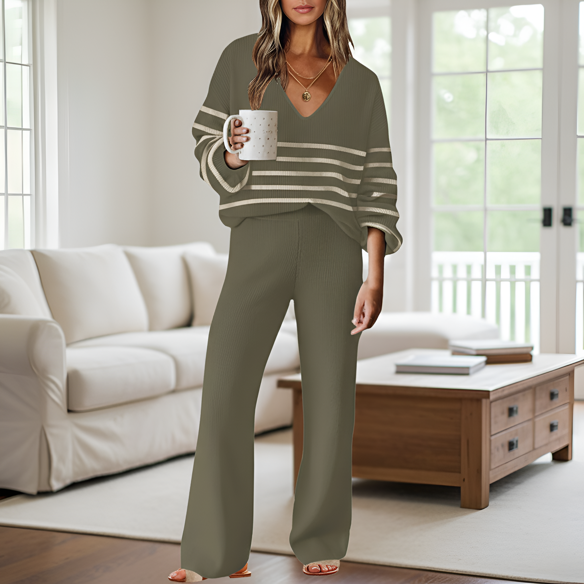 Two Piece Lounge Sets For Women With Knit Sweater Top And And Matching Pants - Image 2