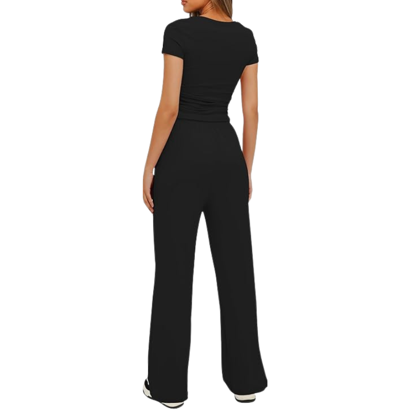 Two Piece Matching Lounge Set With Ruched Short Sleeve Top And Wide Pants For Women - Image 4