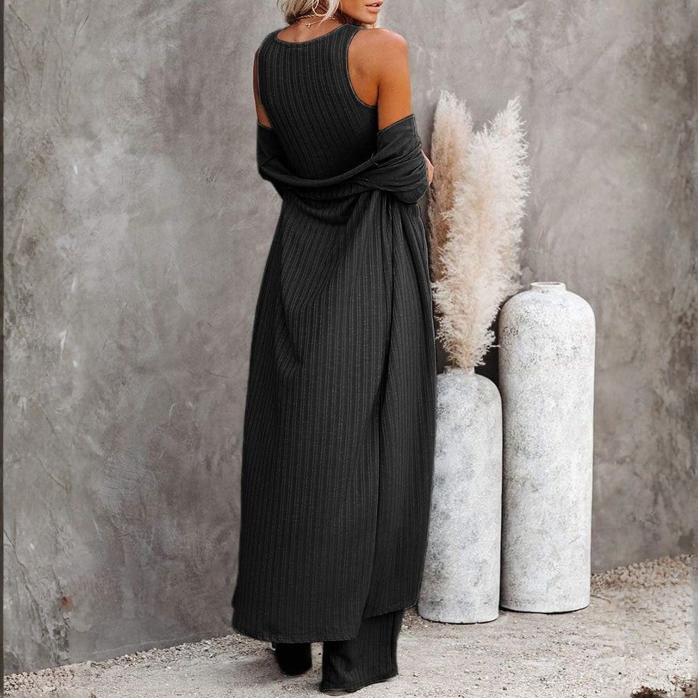 Three Piece Lounge Sets For Women With Knit Long Sleeve Cardigan And Crop Top And Wide Pants - Image 13