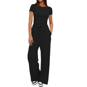 Two Piece Matching Lounge Set With Ruched Short Sleeve Top And Wide Pants For Women