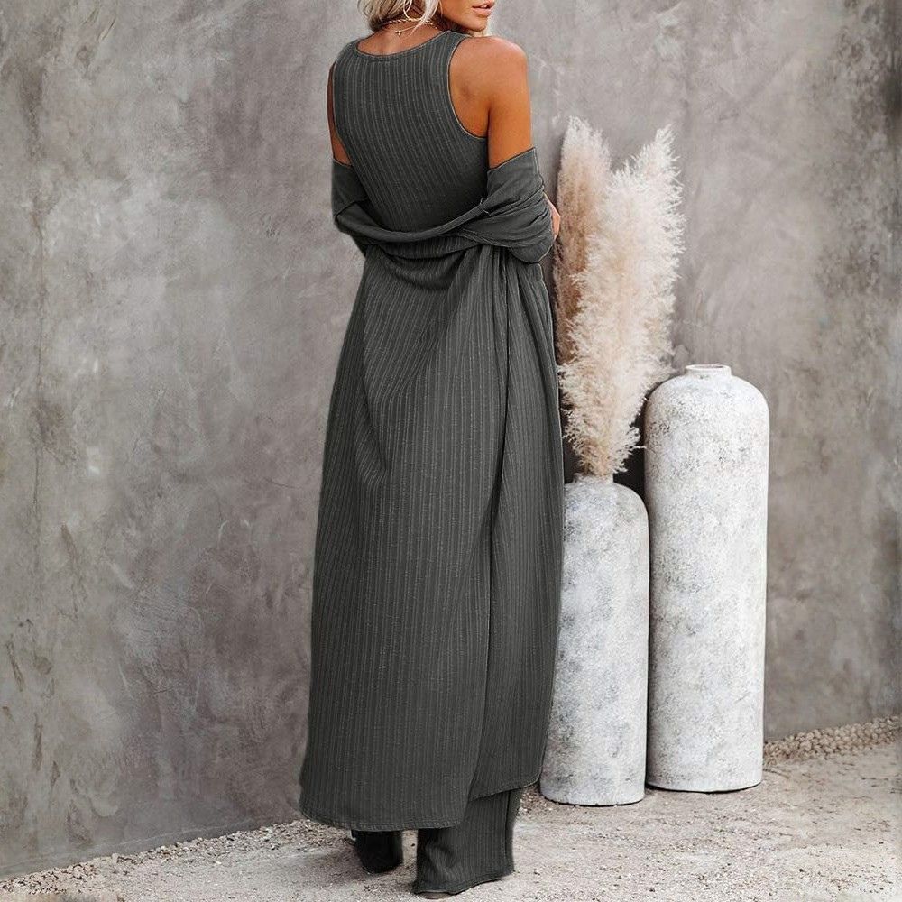 Three Piece Lounge Sets For Women With Knit Long Sleeve Cardigan And Crop Top And Wide Pants - Image 7