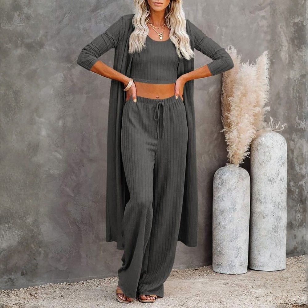 Three Piece Lounge Sets For Women With Knit Long Sleeve Cardigan And Crop Top And Wide Pants - Image 6