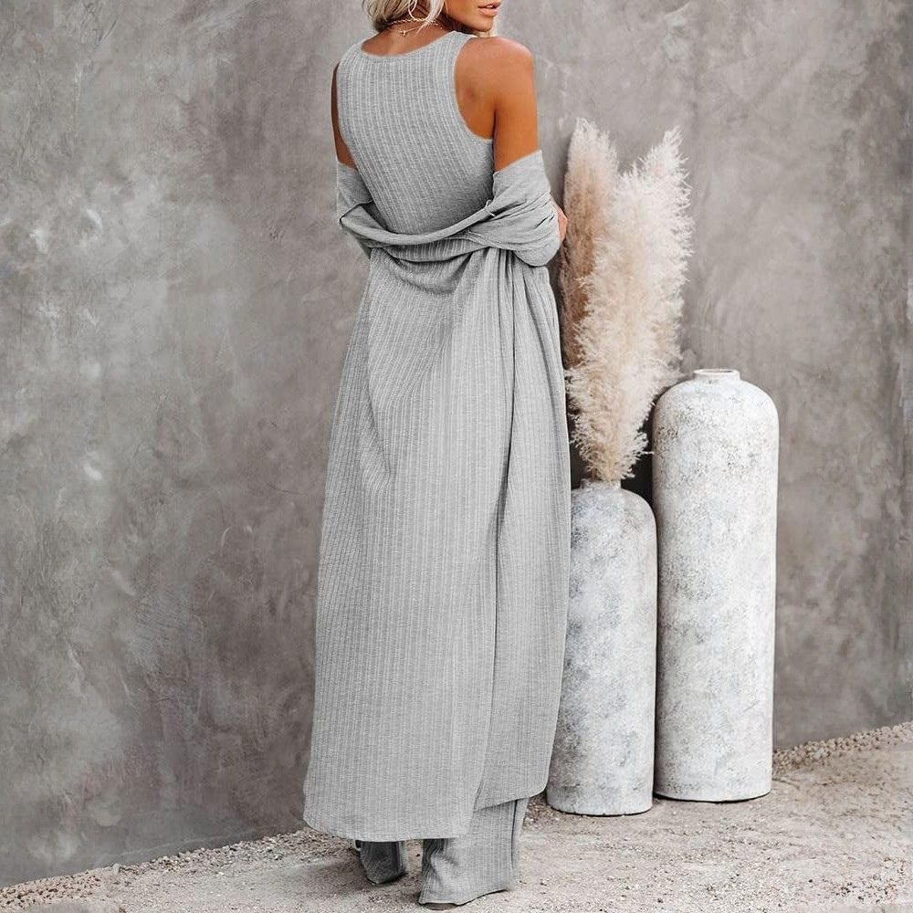 Three Piece Lounge Sets For Women With Knit Long Sleeve Cardigan And Crop Top And Wide Pants - Image 19