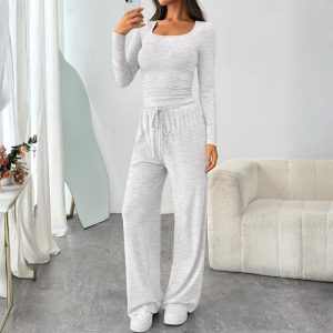 Two Piece Lounge Set With Side Ruching Crop Top And Pants For Women