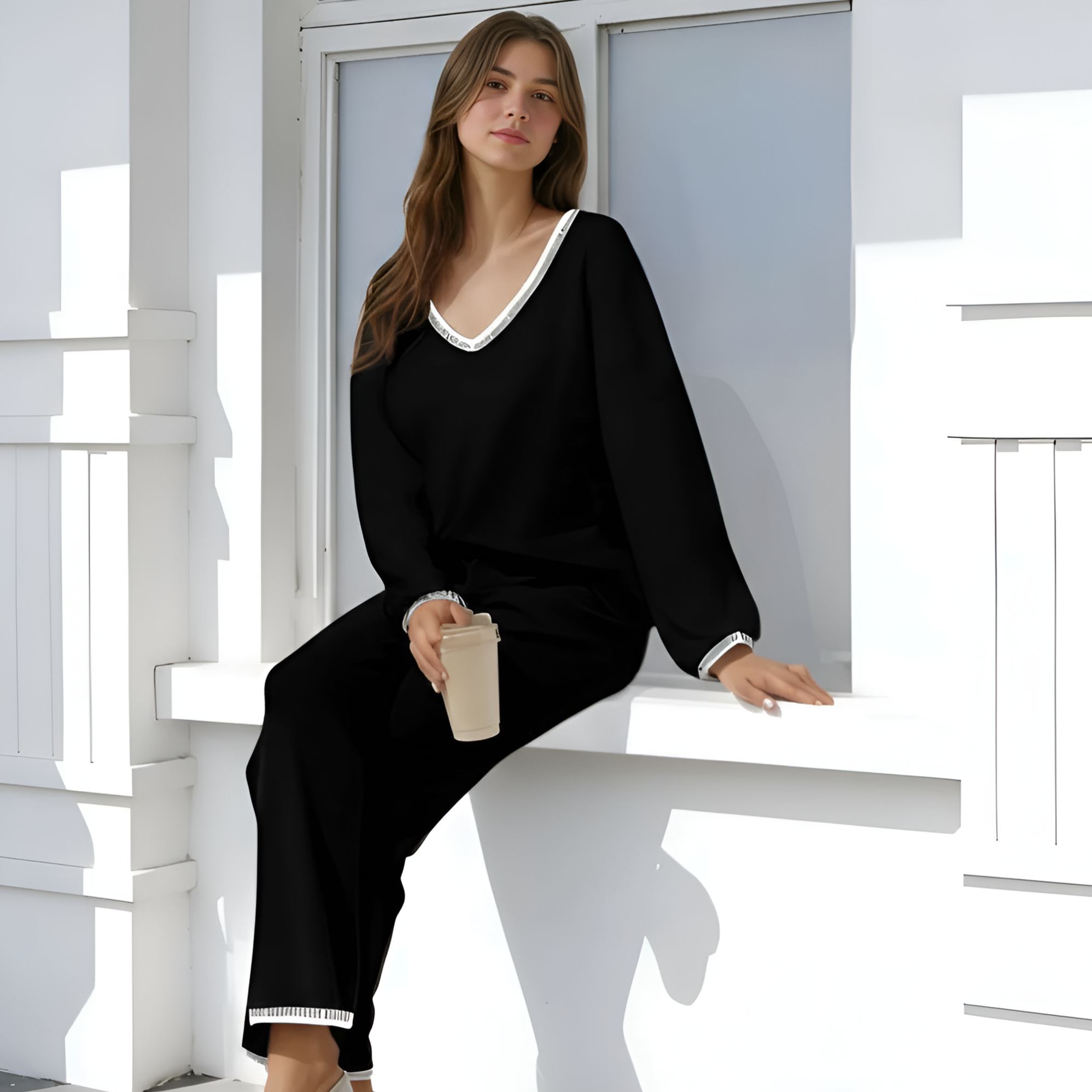 Two Piece Lounge Sets For Women With Knit Sweater Top And And Matching Pants - Image 9