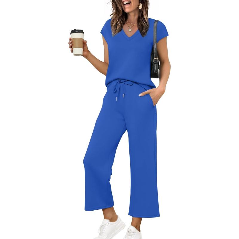 Two Piece Lounge Set With Short Sleeve Top And Pants For Women - Image 5