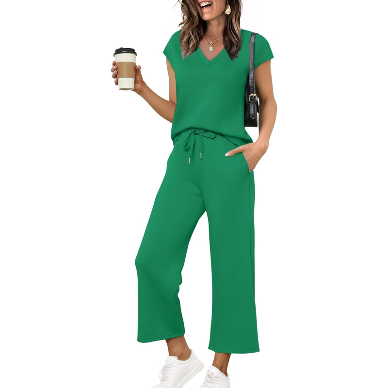 Two Piece Lounge Set With Short Sleeve Top And Pants For Women - Image 12