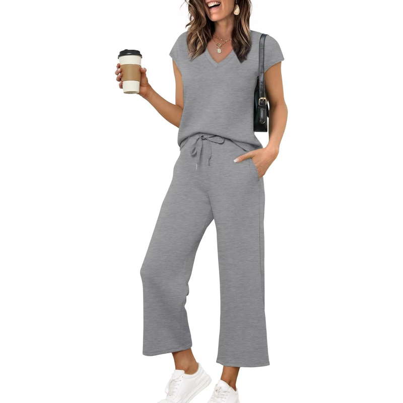 Two Piece Lounge Set With Short Sleeve Top And Pants For Women - Image 18