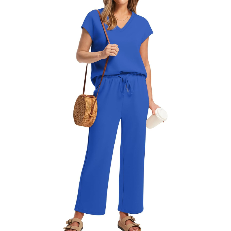 Two Piece Lounge Set With Short Sleeve Top And Pants For Women - Image 6