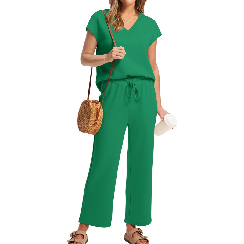 Two Piece Lounge Set With Short Sleeve Top And Pants For Women - Image 10