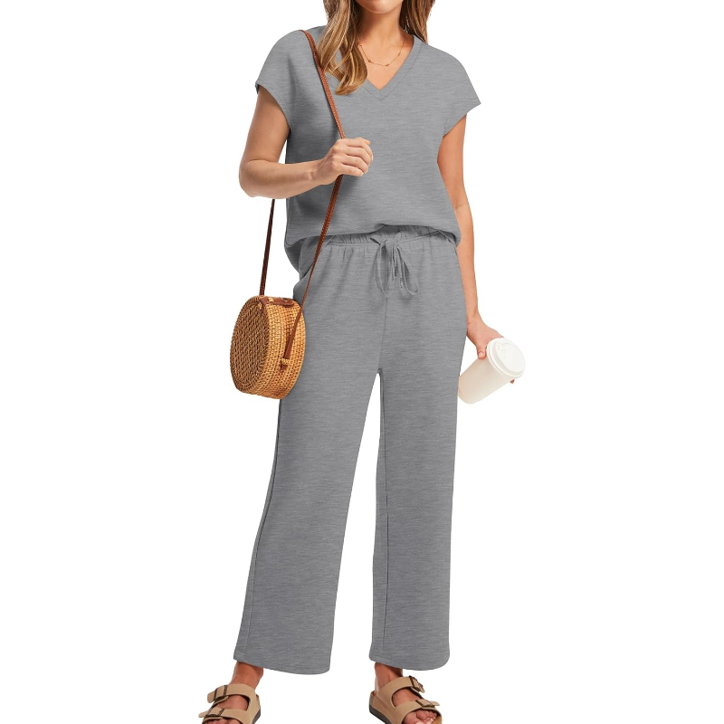 Two Piece Lounge Set With Short Sleeve Top And Pants For Women - Image 19