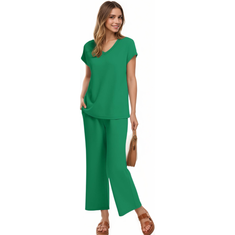 Two Piece Lounge Set With Short Sleeve Top And Pants For Women - Image 11