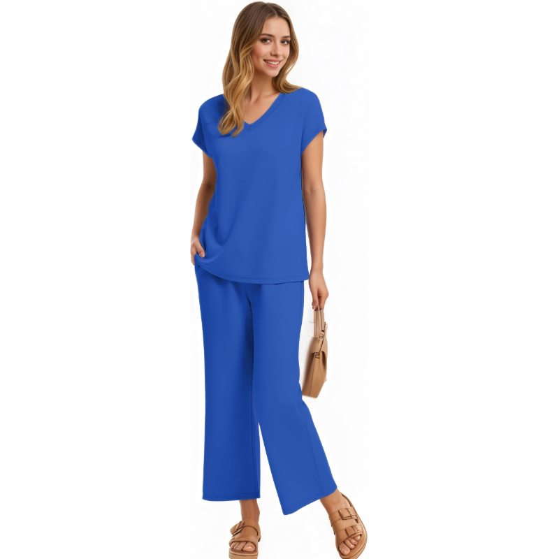Two Piece Lounge Set With Short Sleeve Top And Pants For Women - Image 7