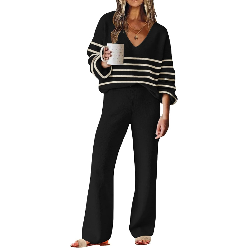 Two Piece For Women With Knit Sweater Top And And Matching Pants Loungewear