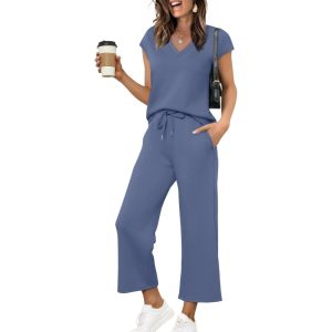 Two Piece Lounge Set With Short Sleeve Top And Pants For Women
