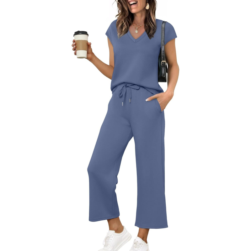 Two Piece Lounge Set With Short Sleeve Top And Pants For Women
