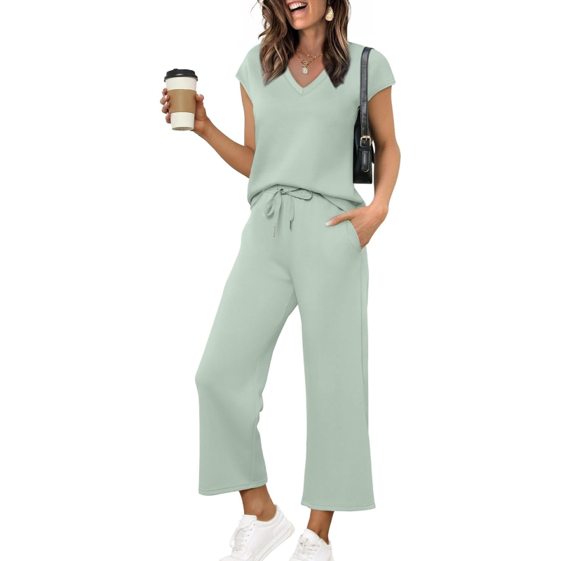 Two Piece Lounge Set With Short Sleeve Top And Pants For Women - Image 37