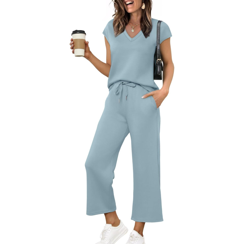Two Piece Lounge Set With Short Sleeve Top And Pants For Women - Image 29