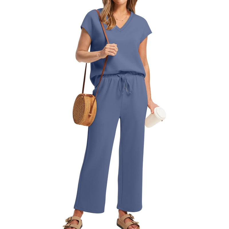 Two Piece Lounge Set With Short Sleeve Top And Pants For Women - Image 2