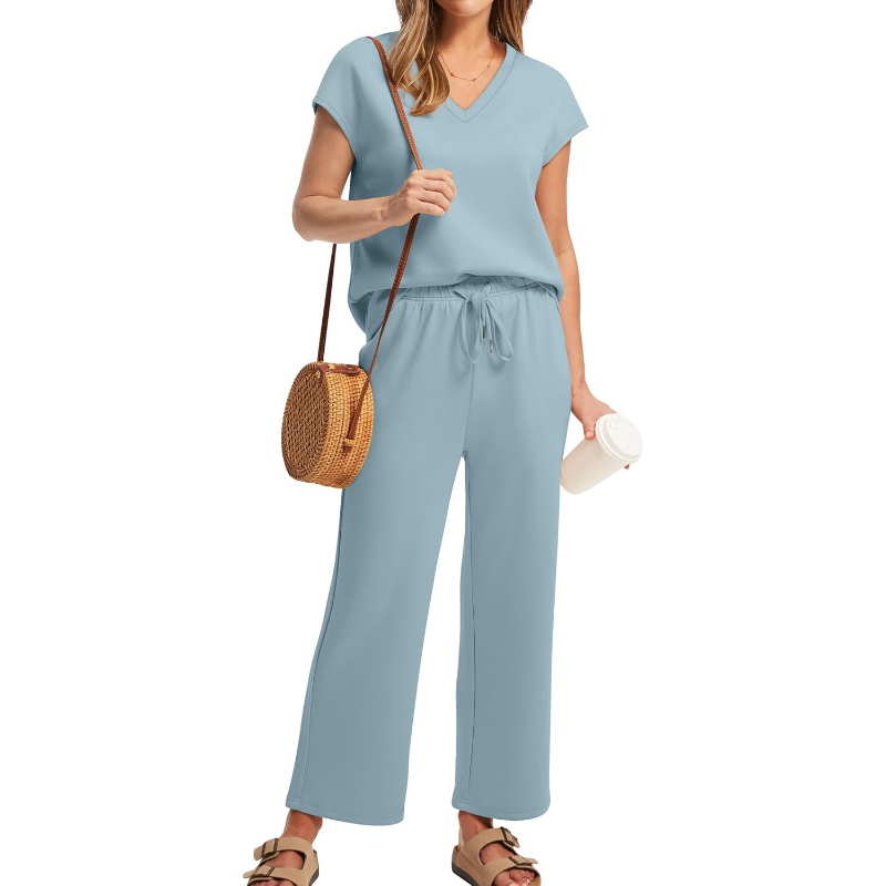 Two Piece Lounge Set With Short Sleeve Top And Pants For Women - Image 30