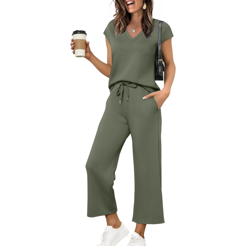 Two Piece Lounge Set With Short Sleeve Top And Pants For Women - Image 25