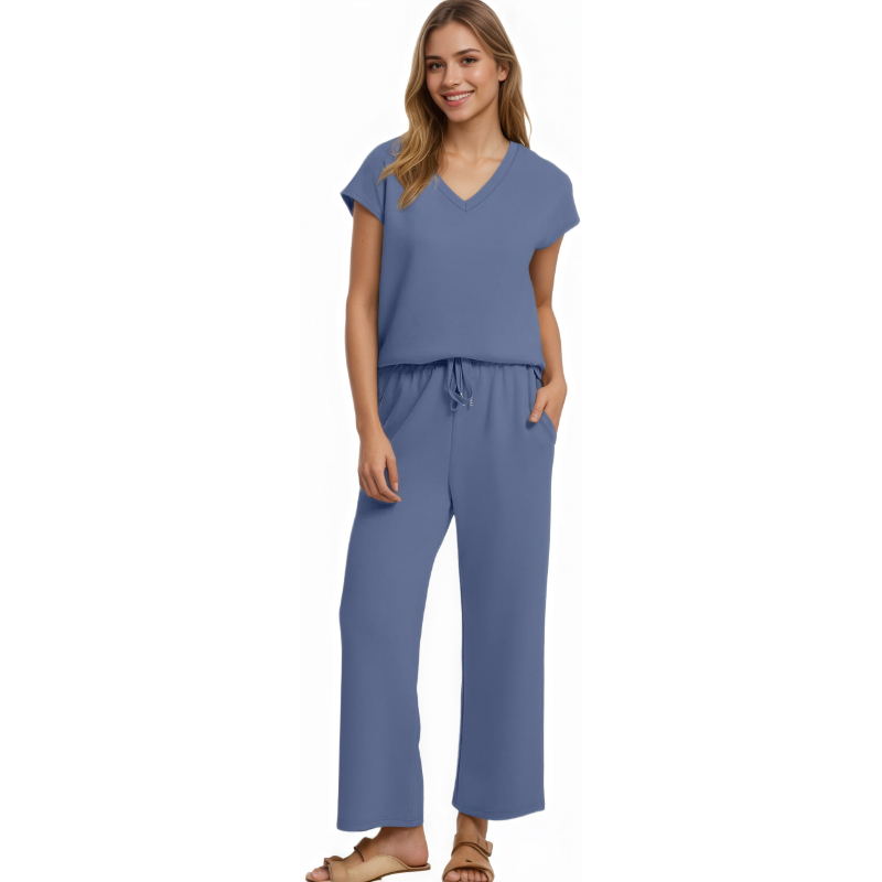 Two Piece Lounge Set With Short Sleeve Top And Pants For Women - Image 3