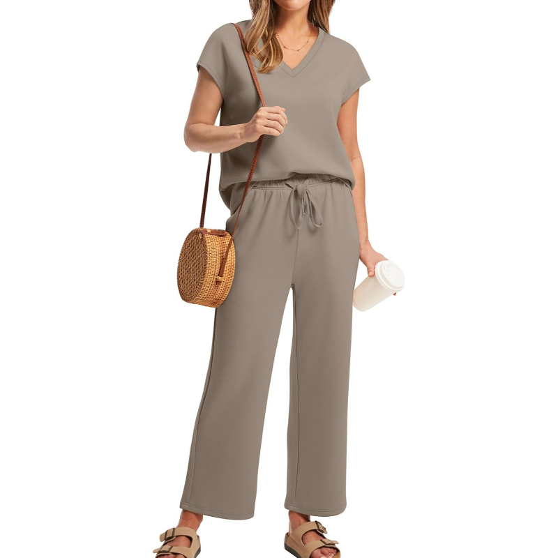 Two Piece Lounge Set With Short Sleeve Top And Pants For Women - Image 35