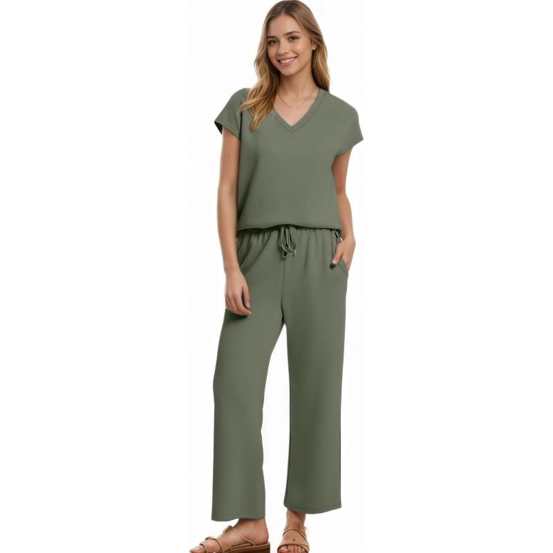 Two Piece Lounge Set With Short Sleeve Top And Pants For Women - Image 27