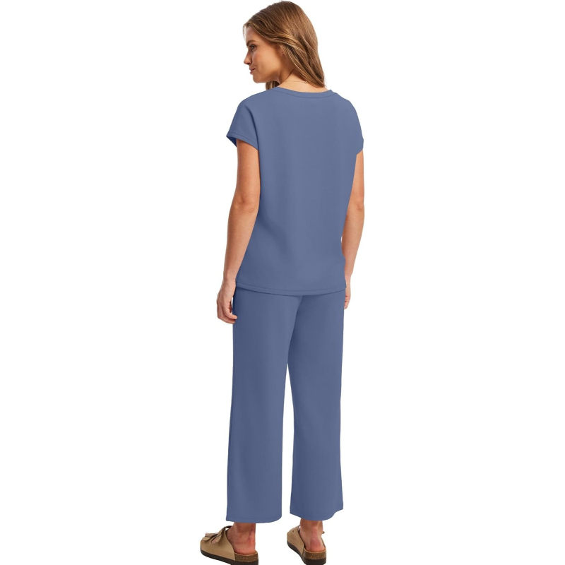 Two Piece Lounge Set With Short Sleeve Top And Pants For Women - Image 4