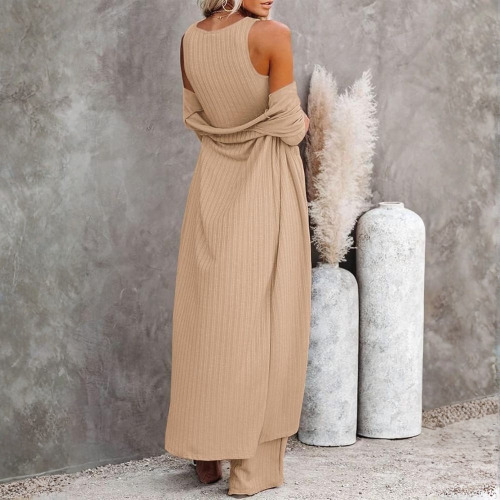 Three Piece Lounge Sets For Women With Knit Long Sleeve Cardigan And Crop Top And Wide Pants - Image 9