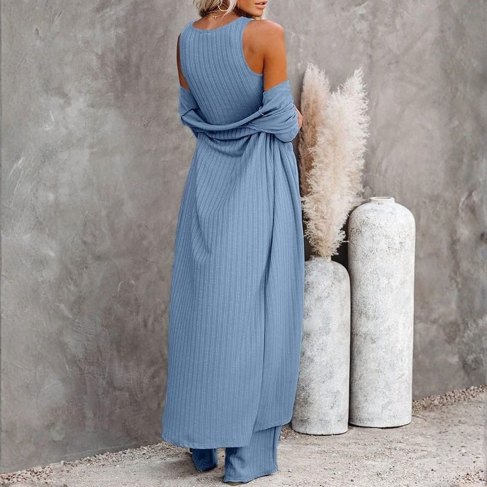 Three Piece Lounge Sets For Women With Knit Long Sleeve Cardigan And Crop Top And Wide Pants - Image 11