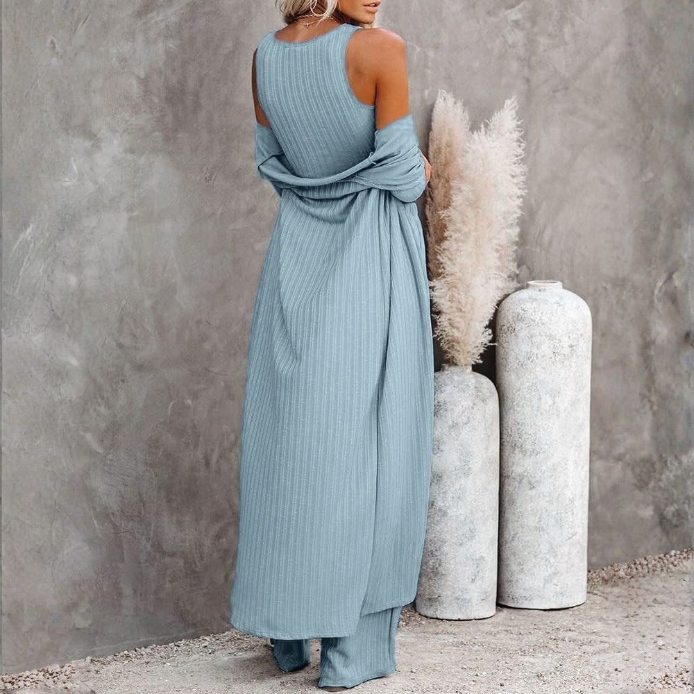 Three Piece Lounge Sets For Women With Knit Long Sleeve Cardigan And Crop Top And Wide Pants - Image 5