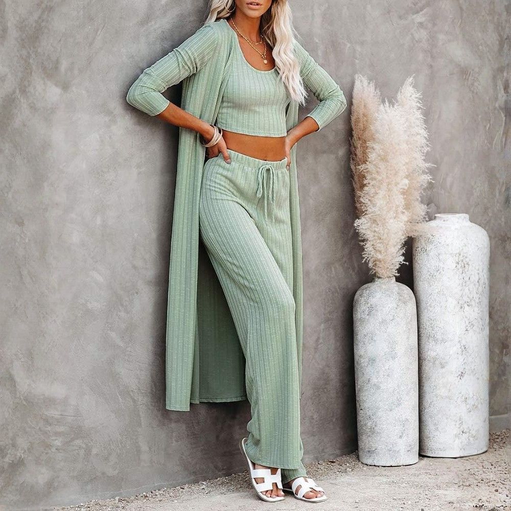 Three Piece Lounge Sets For Women With Knit Long Sleeve Cardigan And Crop Top And Wide Pants - Image 20
