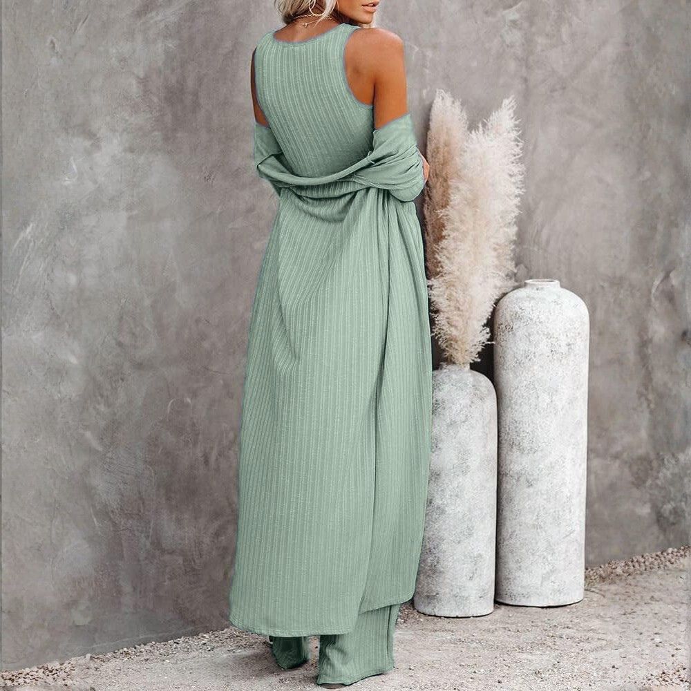 Three Piece Lounge Sets For Women With Knit Long Sleeve Cardigan And Crop Top And Wide Pants - Image 21
