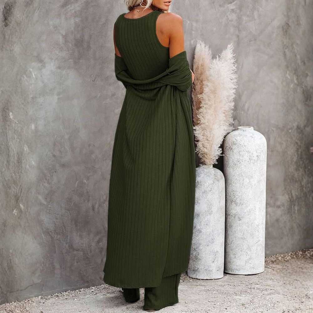 Three Piece Lounge Sets For Women With Knit Long Sleeve Cardigan And Crop Top And Wide Pants - Image 3