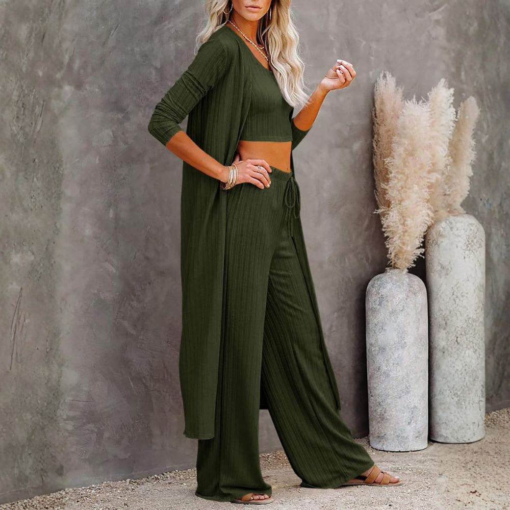 Three Piece Lounge Sets For Women With Knit Long Sleeve Cardigan And Crop Top And Wide Pants - Image 2