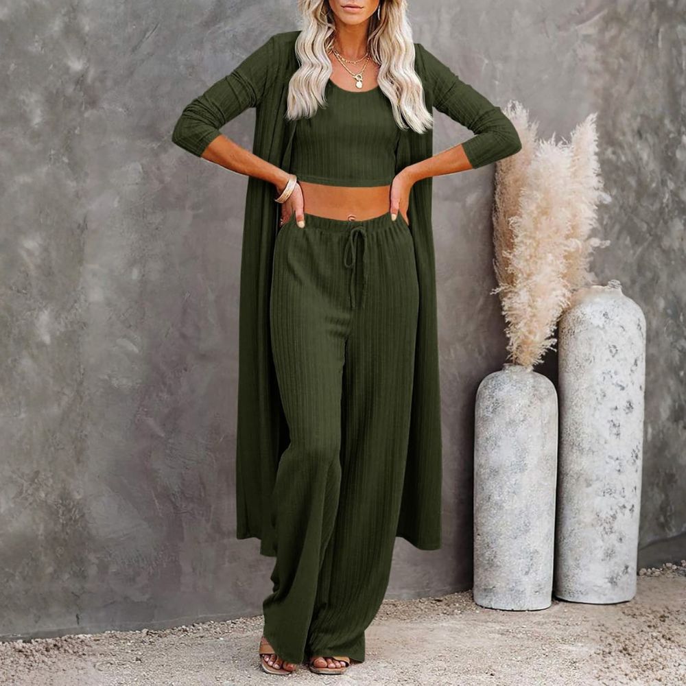 Three Piece Lounge Sets For Women With Knit Long Sleeve Cardigan And Crop Top And Wide Pants
