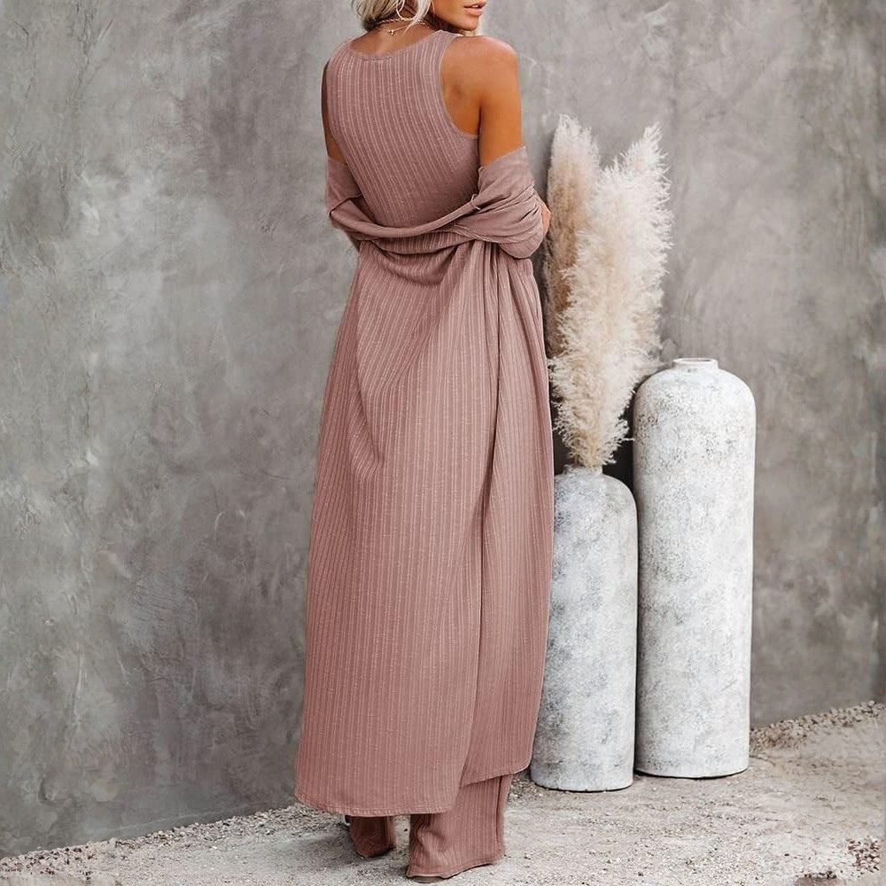 Three Piece Lounge Sets For Women With Knit Long Sleeve Cardigan And Crop Top And Wide Pants - Image 15