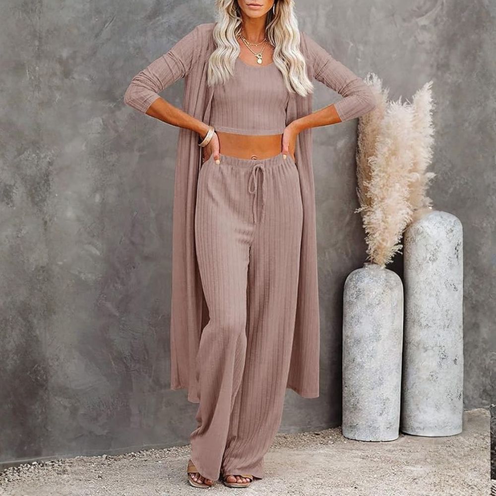 Three Piece Lounge Sets For Women With Knit Long Sleeve Cardigan And Crop Top And Wide Pants - Image 14