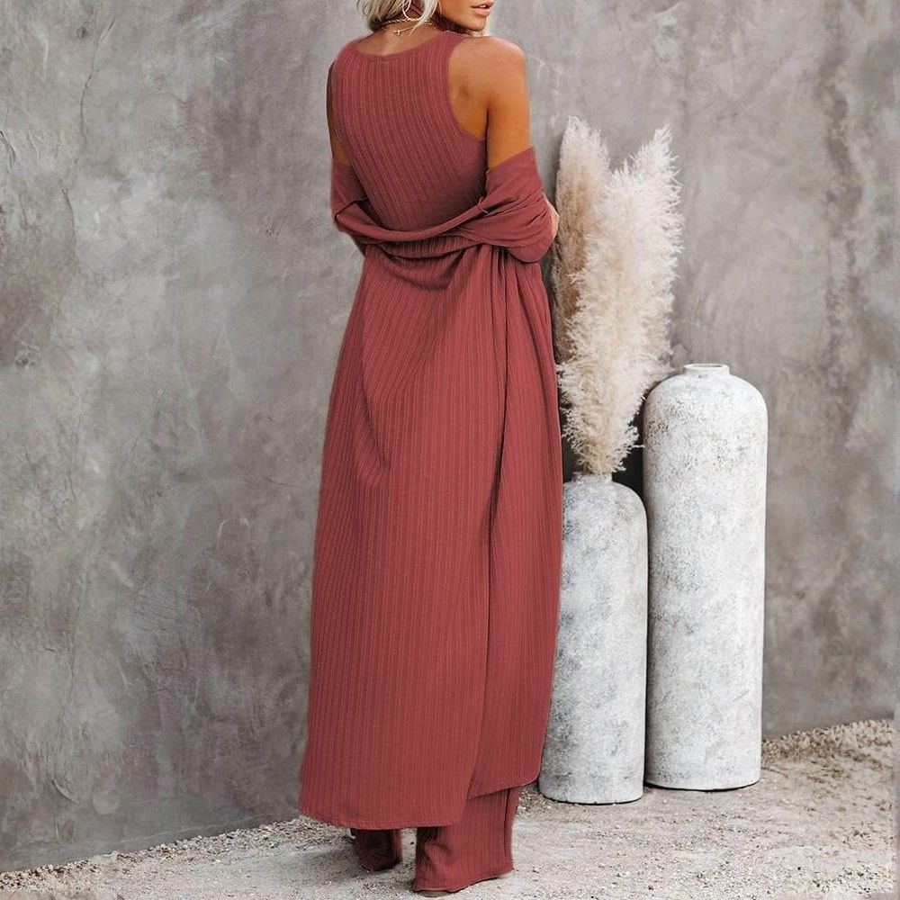 Three Piece Lounge Sets For Women With Knit Long Sleeve Cardigan And Crop Top And Wide Pants - Image 17